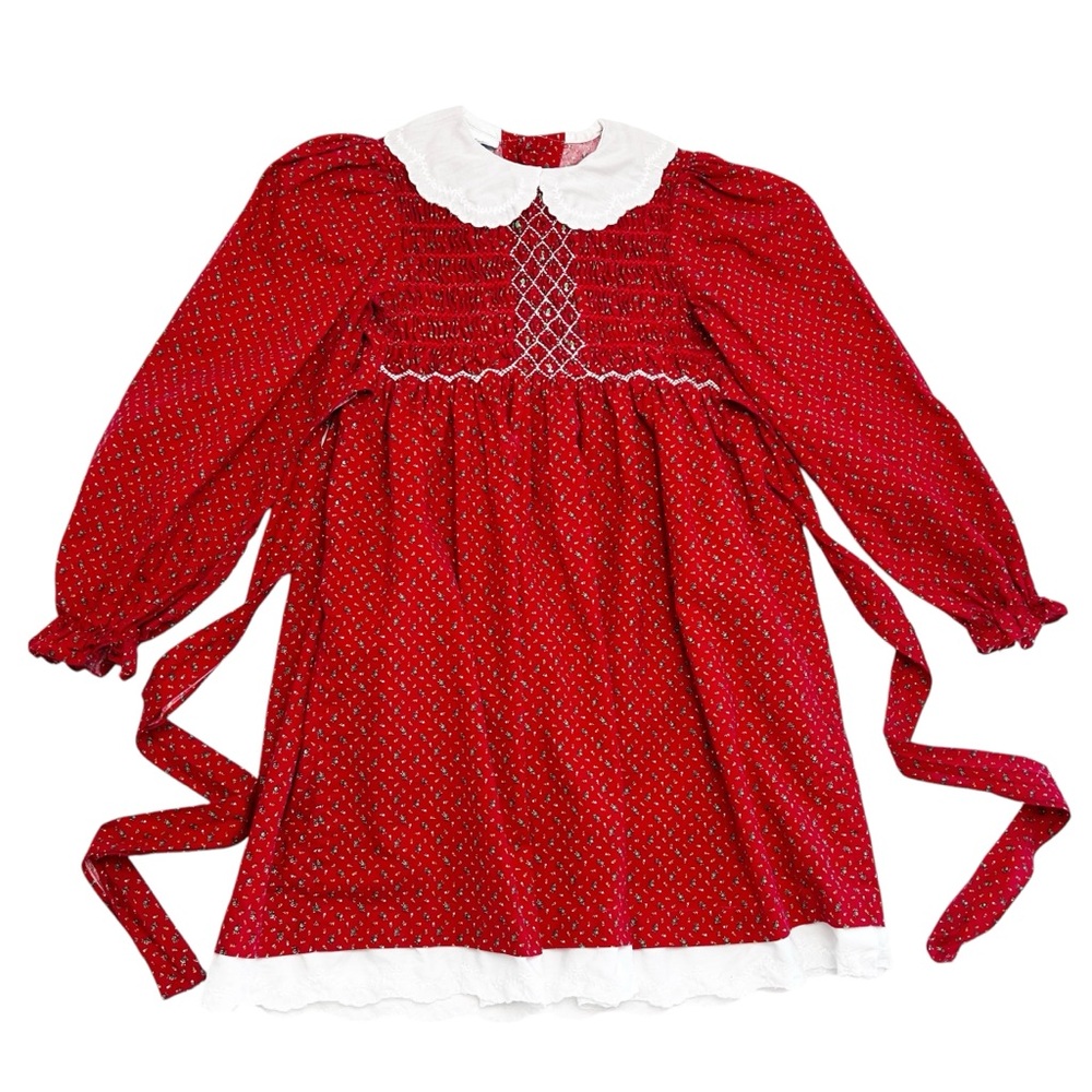 *Vintage* Polly Flinders Smocked Red Floral Print Dress with White Collar